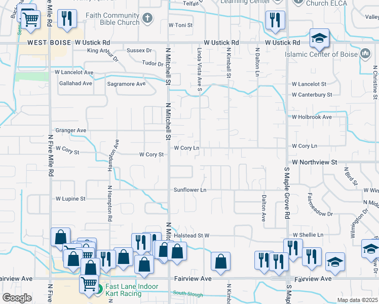 map of restaurants, bars, coffee shops, grocery stores, and more near 9659 West Cory Lane in Boise