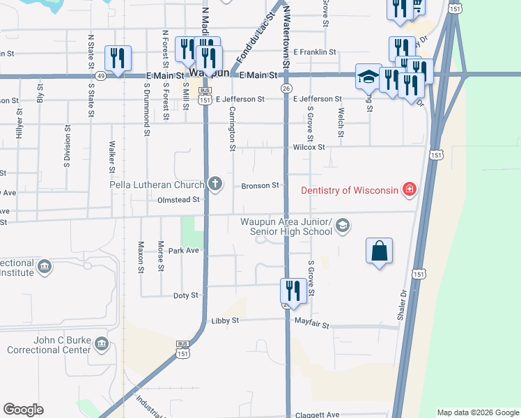 map of restaurants, bars, coffee shops, grocery stores, and more near 520 East Lincoln Street in Waupun