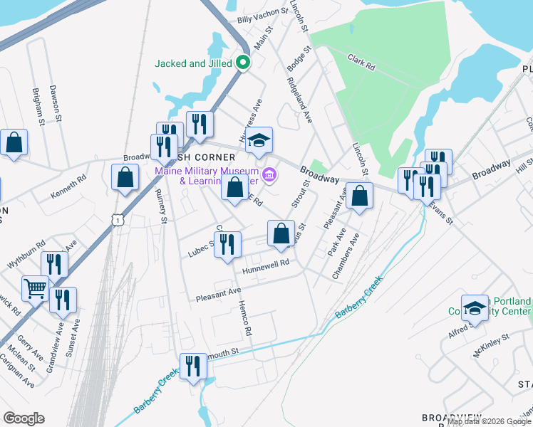 map of restaurants, bars, coffee shops, grocery stores, and more near 71 Southeast Road in South Portland