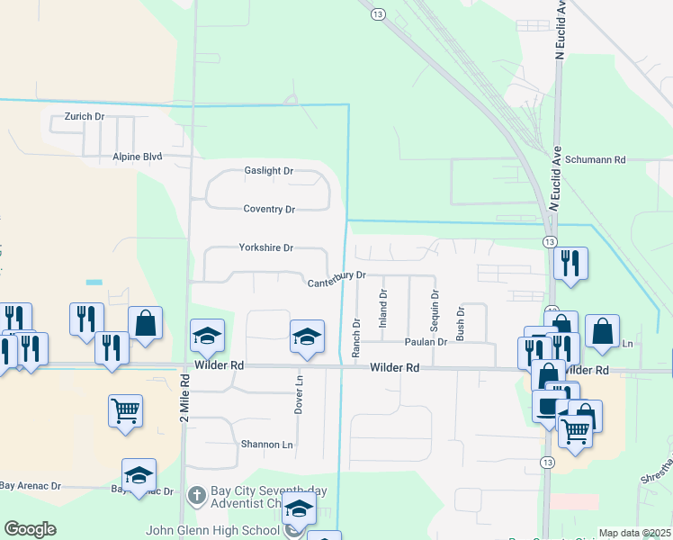map of restaurants, bars, coffee shops, grocery stores, and more near 3178 Yorkshire Drive in Bay City