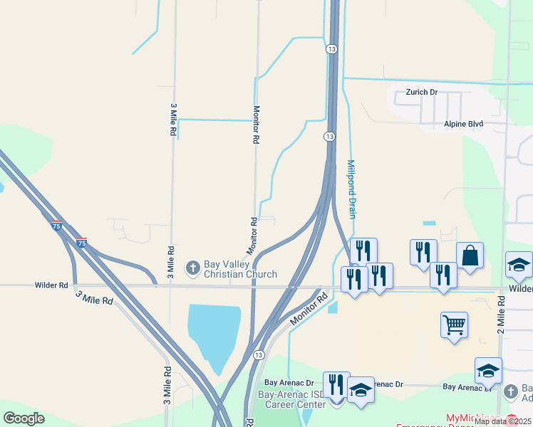 map of restaurants, bars, coffee shops, grocery stores, and more near 3933 Monitor Road in Bay City