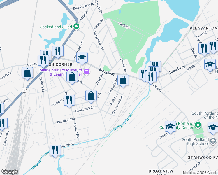 map of restaurants, bars, coffee shops, grocery stores, and more near 4 Bowdoin Avenue in South Portland