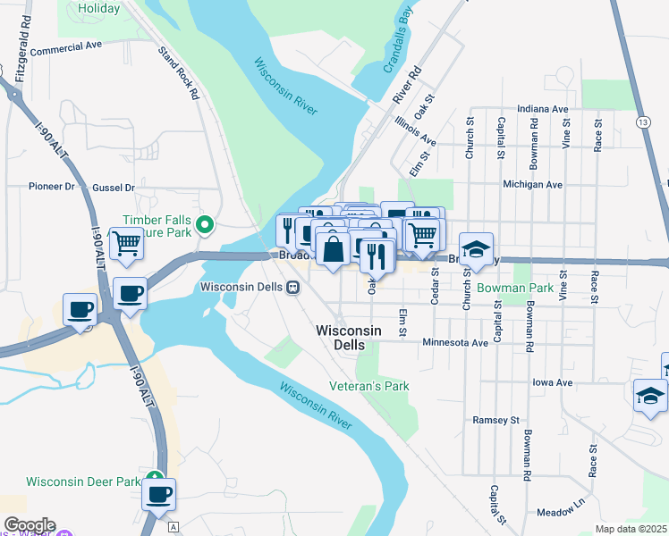 map of restaurants, bars, coffee shops, grocery stores, and more near 202 Broadway in Wisconsin Dells