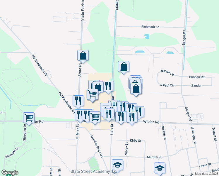 map of restaurants, bars, coffee shops, grocery stores, and more near 3870 State Street Road in Bay City