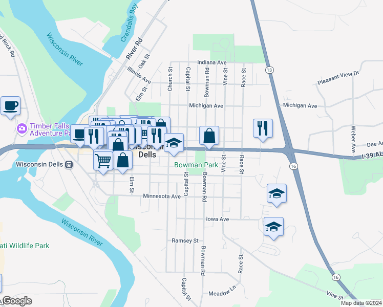 map of restaurants, bars, coffee shops, grocery stores, and more near 714 Broadway in Wisconsin Dells