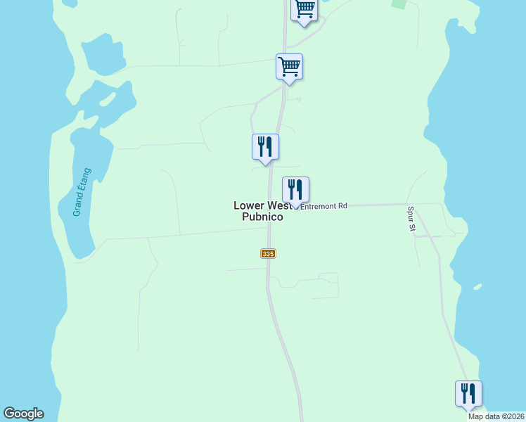 map of restaurants, bars, coffee shops, grocery stores, and more near 1766 Nova Scotia 335 in Middle West Pubnico