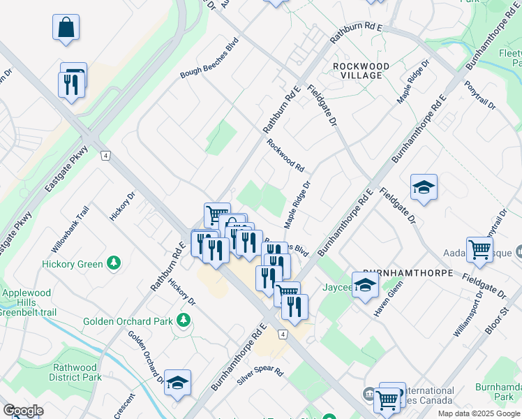 map of restaurants, bars, coffee shops, grocery stores, and more near 4111 Ottewell Crescent in Mississauga