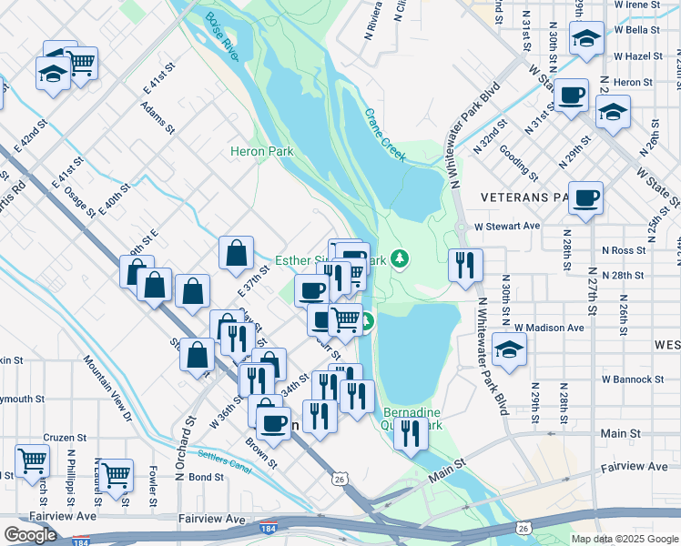 map of restaurants, bars, coffee shops, grocery stores, and more near 3660 North Adams Street in Garden City