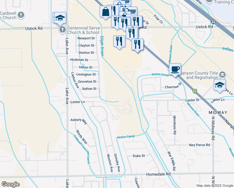 map of restaurants, bars, coffee shops, grocery stores, and more near 4107 Laster Lane in Caldwell