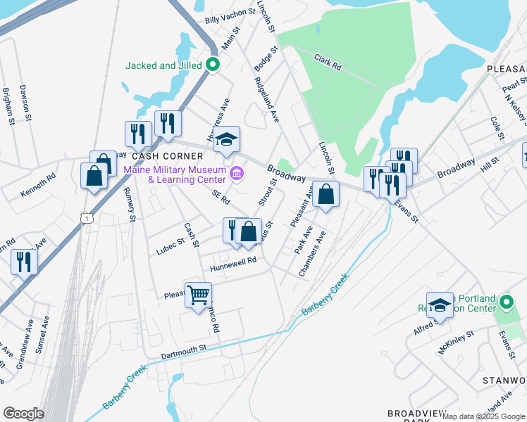 map of restaurants, bars, coffee shops, grocery stores, and more near 44 Strout Street in South Portland