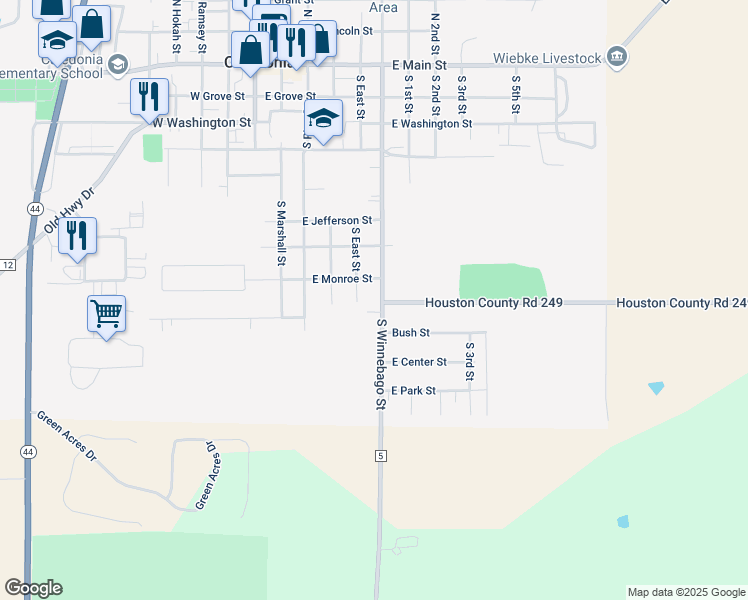 map of restaurants, bars, coffee shops, grocery stores, and more near 819 South East Street in Caledonia