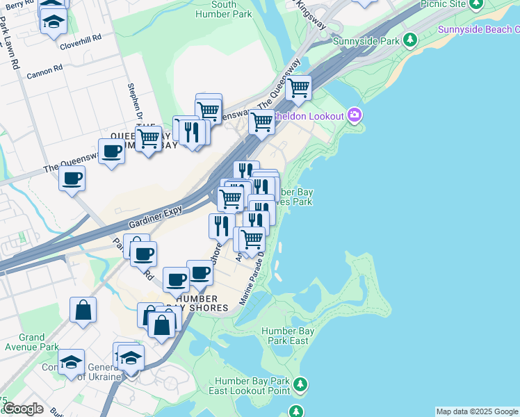 map of restaurants, bars, coffee shops, grocery stores, and more near 58 Marine Parade Drive in Toronto