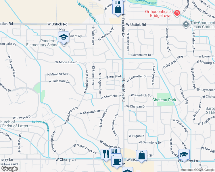 map of restaurants, bars, coffee shops, grocery stores, and more near 3404 West Monessen Lane in Meridian