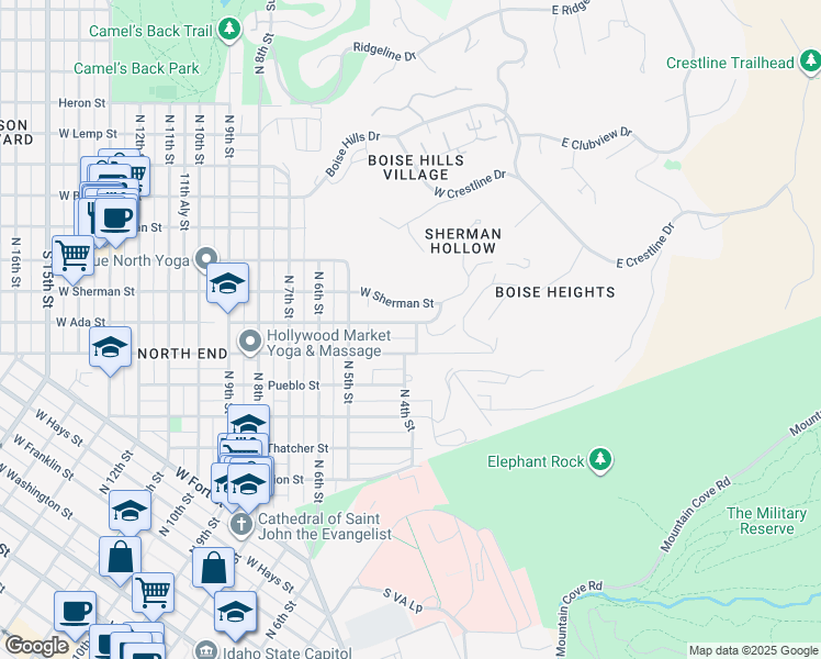 map of restaurants, bars, coffee shops, grocery stores, and more near 401 West Ada Street in Boise