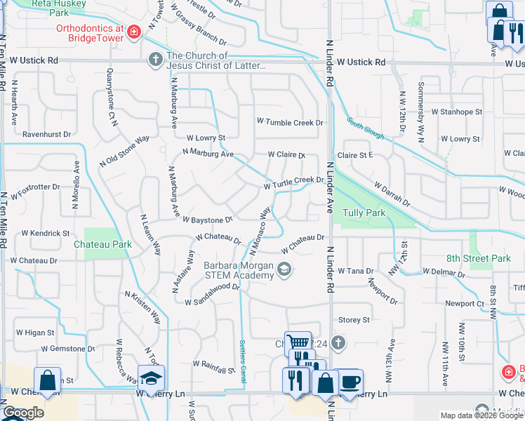 map of restaurants, bars, coffee shops, grocery stores, and more near 2483 North Monaco Way in Meridian