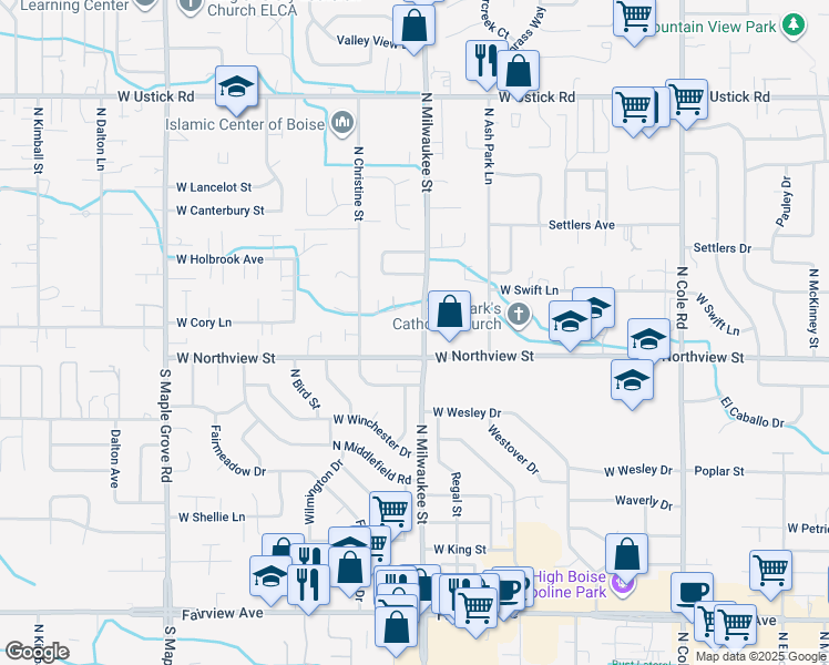 map of restaurants, bars, coffee shops, grocery stores, and more near 2455 North Milwaukee Street in Boise