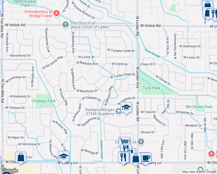 map of restaurants, bars, coffee shops, grocery stores, and more near 2483 North Monaco Way in Meridian
