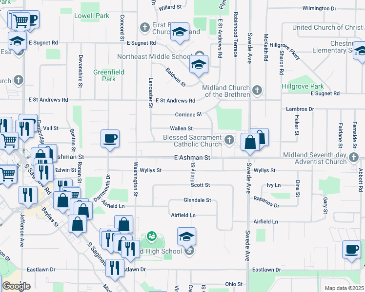 map of restaurants, bars, coffee shops, grocery stores, and more near 1200 Love Street in Midland