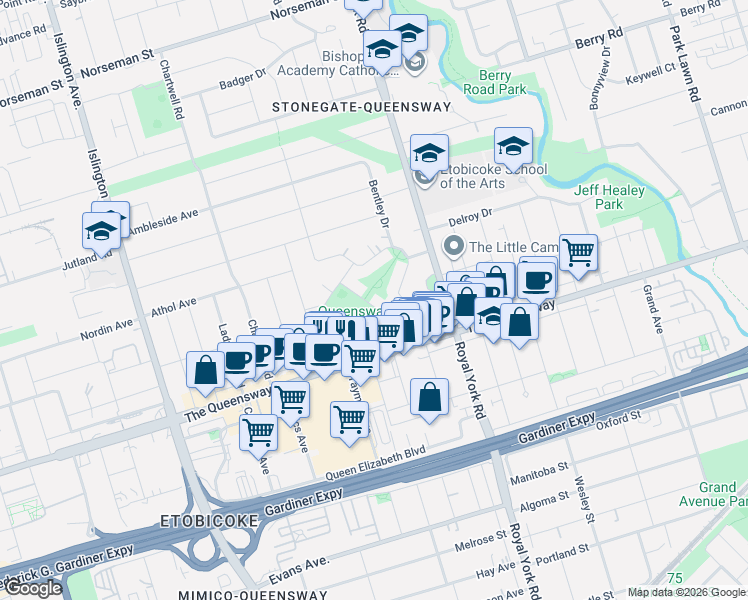 map of restaurants, bars, coffee shops, grocery stores, and more near 29 Avon Park Drive in Toronto