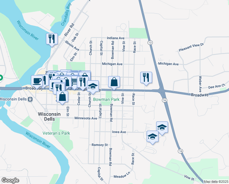 map of restaurants, bars, coffee shops, grocery stores, and more near 802 Broadway in Wisconsin Dells