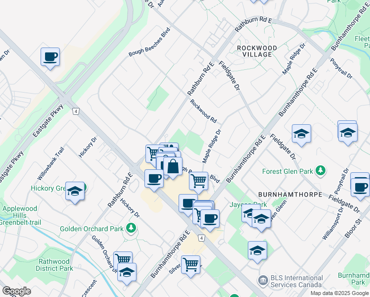 map of restaurants, bars, coffee shops, grocery stores, and more near 4111 Ottewell Crescent in Mississauga