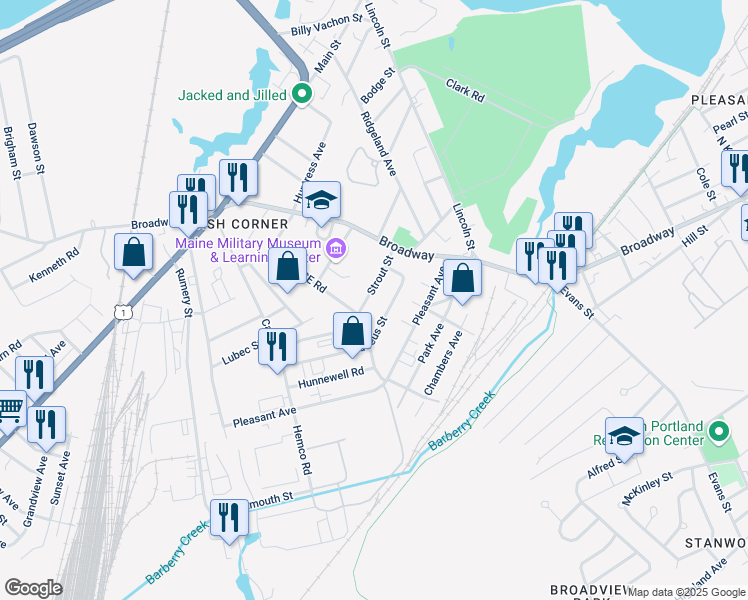 map of restaurants, bars, coffee shops, grocery stores, and more near 44 Strout Street in South Portland
