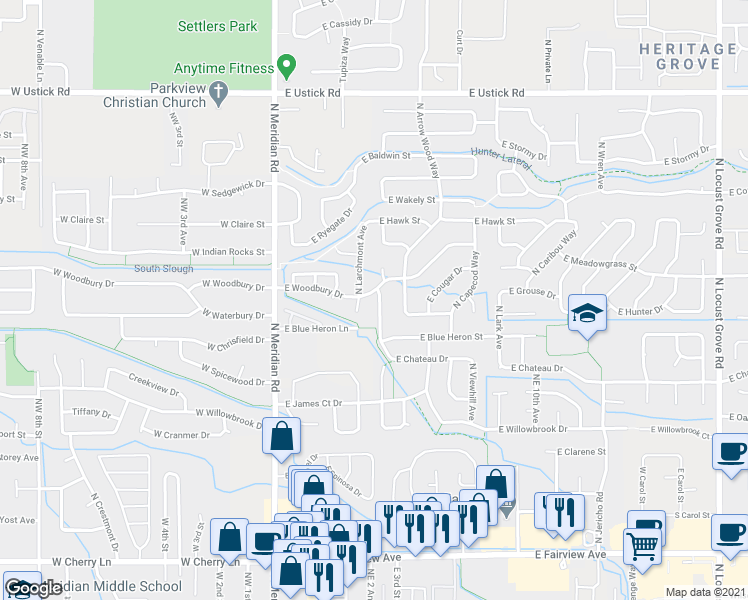 map of restaurants, bars, coffee shops, grocery stores, and more near 2491 North Eureka Avenue in Meridian