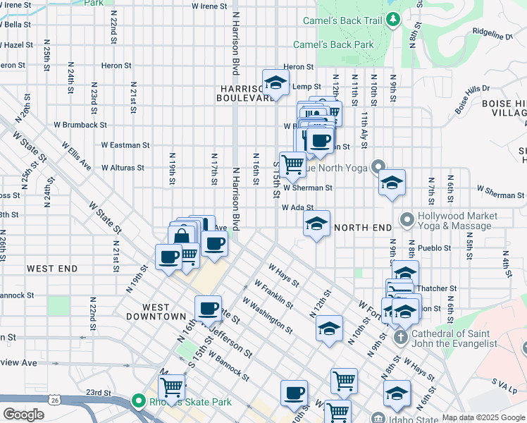 map of restaurants, bars, coffee shops, grocery stores, and more near 1515 West Ada Street in Boise