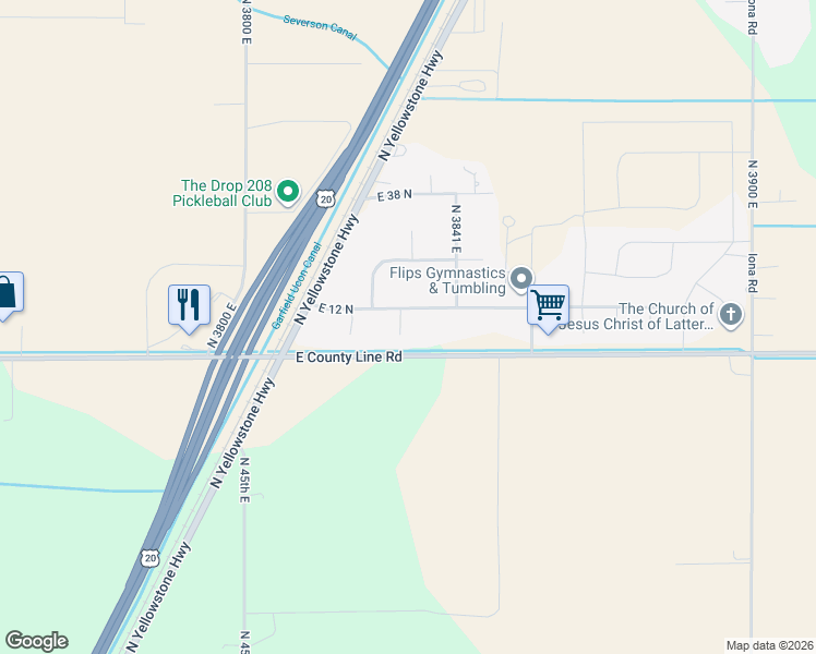 map of restaurants, bars, coffee shops, grocery stores, and more near 3846 East 12 North in Rigby