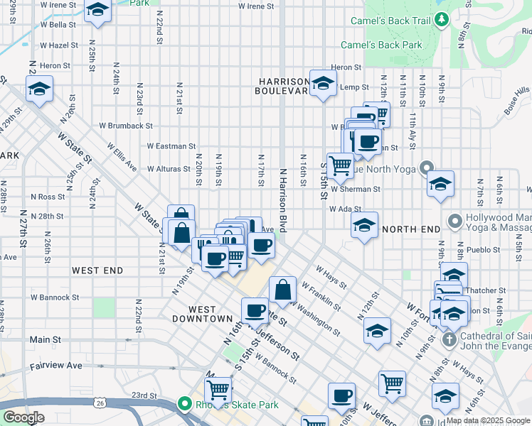 map of restaurants, bars, coffee shops, grocery stores, and more near 820 North 17th Street in Boise