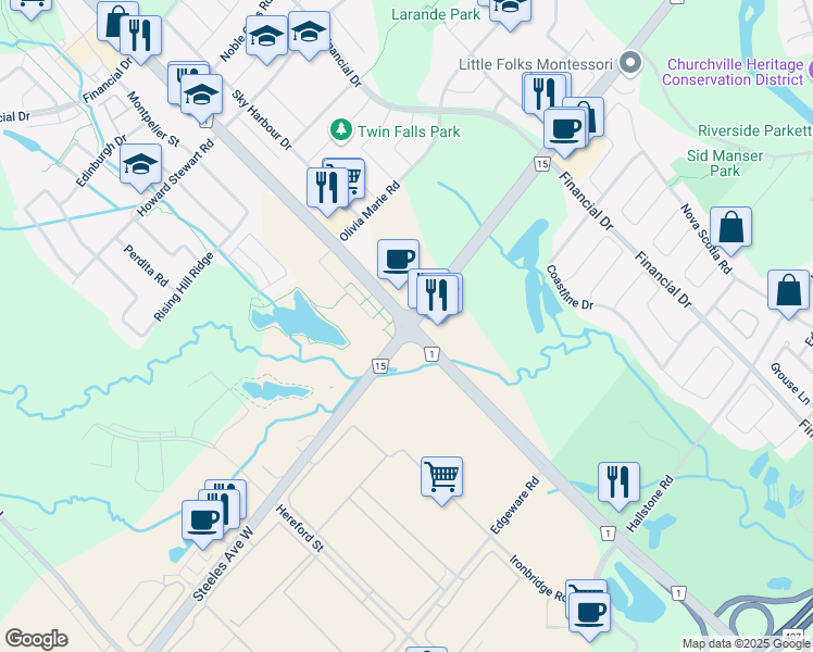 map of restaurants, bars, coffee shops, grocery stores, and more near Mississauga Rd & Steeles Ave W in Brampton