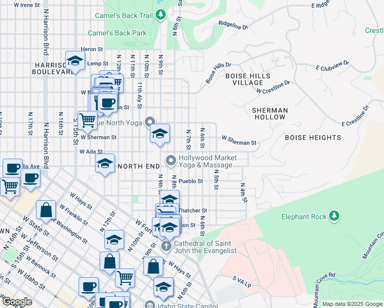 map of restaurants, bars, coffee shops, grocery stores, and more near 1420 North 7th Street in Boise