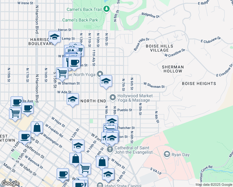 map of restaurants, bars, coffee shops, grocery stores, and more near 1418 North 8th Street in Boise