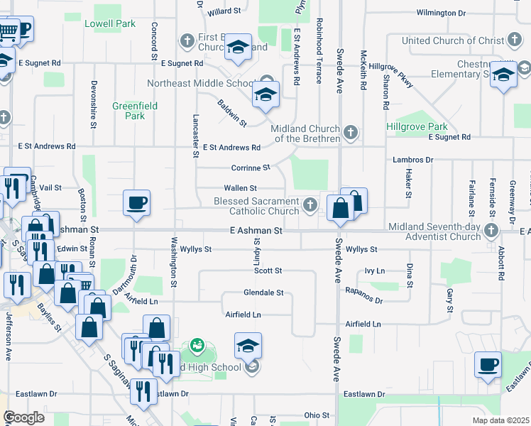 map of restaurants, bars, coffee shops, grocery stores, and more near 1308 Love Street in Midland