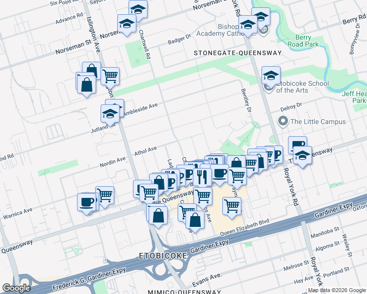 map of restaurants, bars, coffee shops, grocery stores, and more near 45 Chartwell Road in Toronto