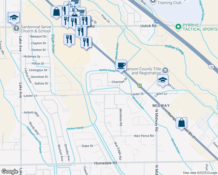 map of restaurants, bars, coffee shops, grocery stores, and more near 4718 Kadie Street in Caldwell