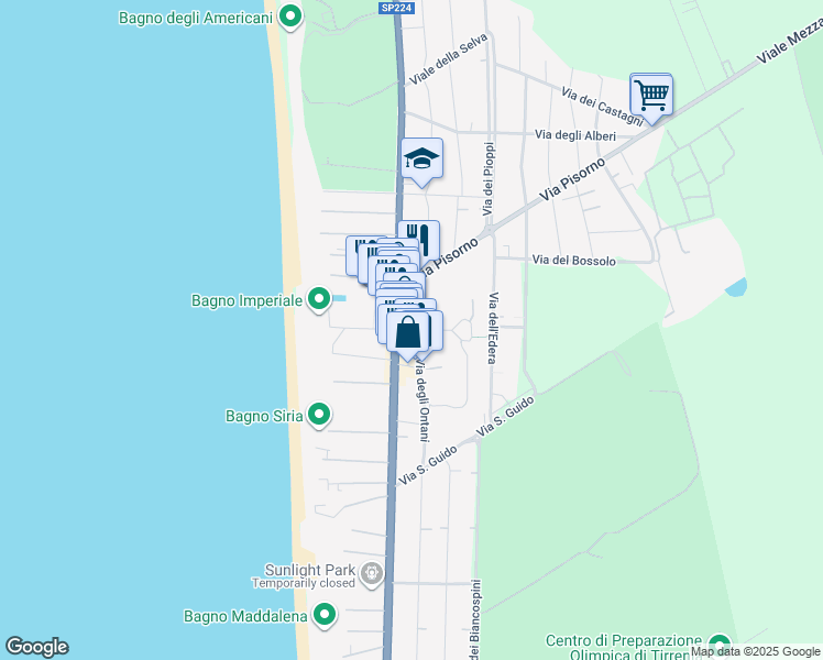map of restaurants, bars, coffee shops, grocery stores, and more near 38-40 Strada Statale 224 in Marina di Pisa-tirrenia-calambr