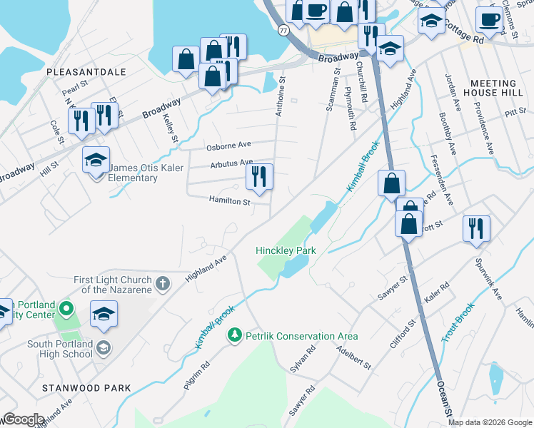map of restaurants, bars, coffee shops, grocery stores, and more near 189 Anthoine Street in South Portland