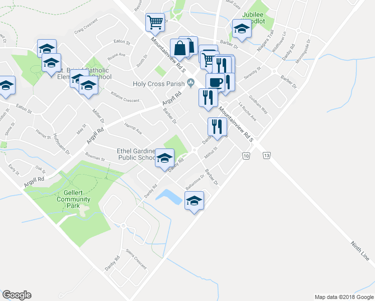map of restaurants, bars, coffee shops, grocery stores, and more near 15151 Danby Road in Halton Hills