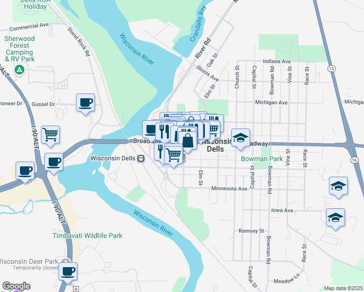 map of restaurants, bars, coffee shops, grocery stores, and more near 304 State Highway 13 in Wisconsin Dells