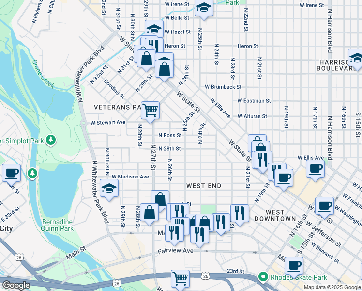 map of restaurants, bars, coffee shops, grocery stores, and more near 2506 West Woodlawn Avenue in Boise