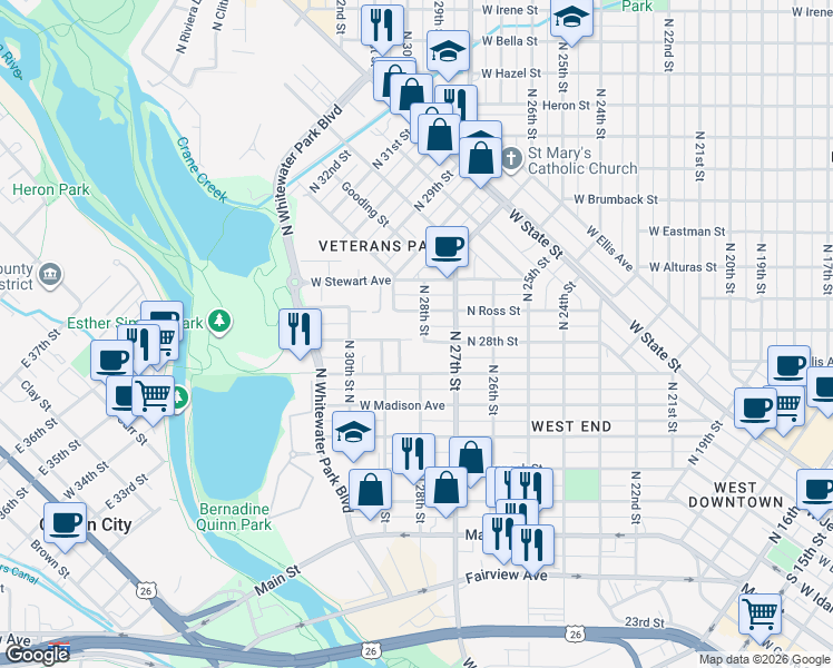 map of restaurants, bars, coffee shops, grocery stores, and more near 2810 West Woodlawn Avenue in Boise