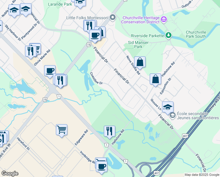 map of restaurants, bars, coffee shops, grocery stores, and more near 87 Coastline Drive in Brampton