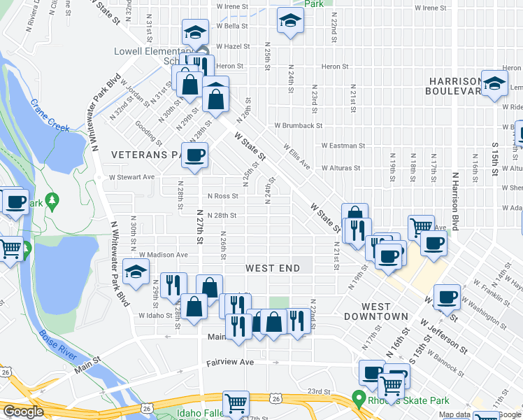 map of restaurants, bars, coffee shops, grocery stores, and more near 2408 Woodlawn Avenue in Boise