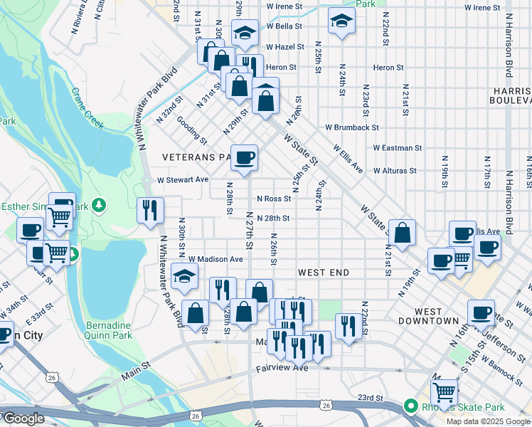 map of restaurants, bars, coffee shops, grocery stores, and more near 2608 Woodlawn Avenue in Boise
