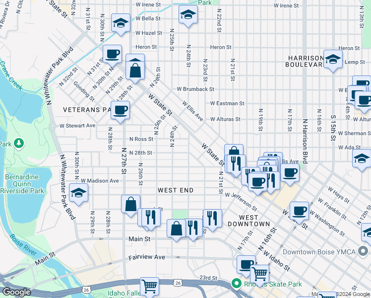 map of restaurants, bars, coffee shops, grocery stores, and more near 2300 West Woodlawn Avenue in Boise