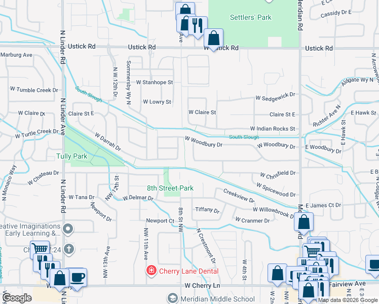 map of restaurants, bars, coffee shops, grocery stores, and more near 2593 North Ridgebury Way in Meridian