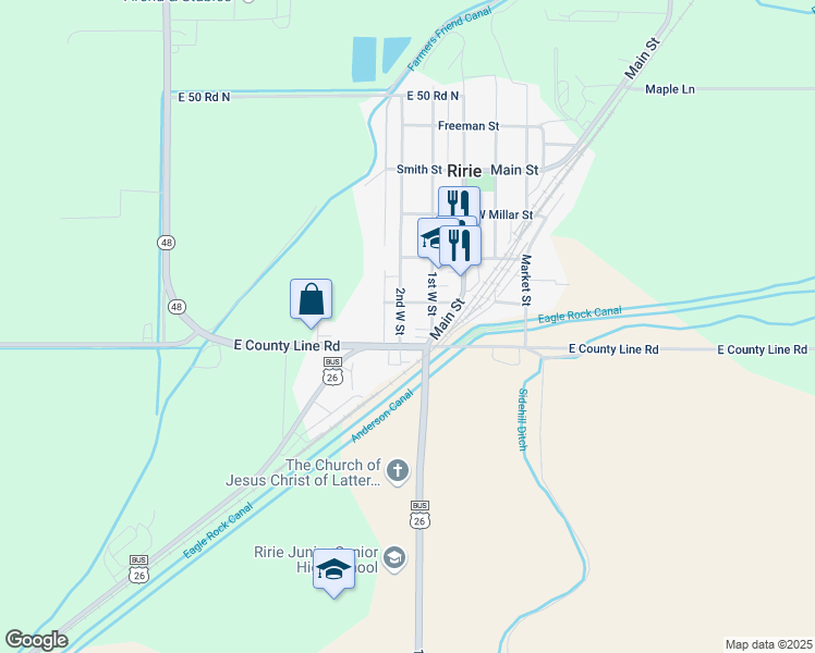 map of restaurants, bars, coffee shops, grocery stores, and more near 146 2nd West Street in Ririe