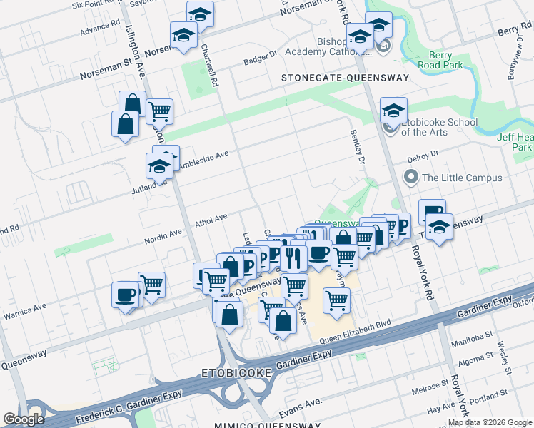 map of restaurants, bars, coffee shops, grocery stores, and more near 59 Athol Avenue in Toronto