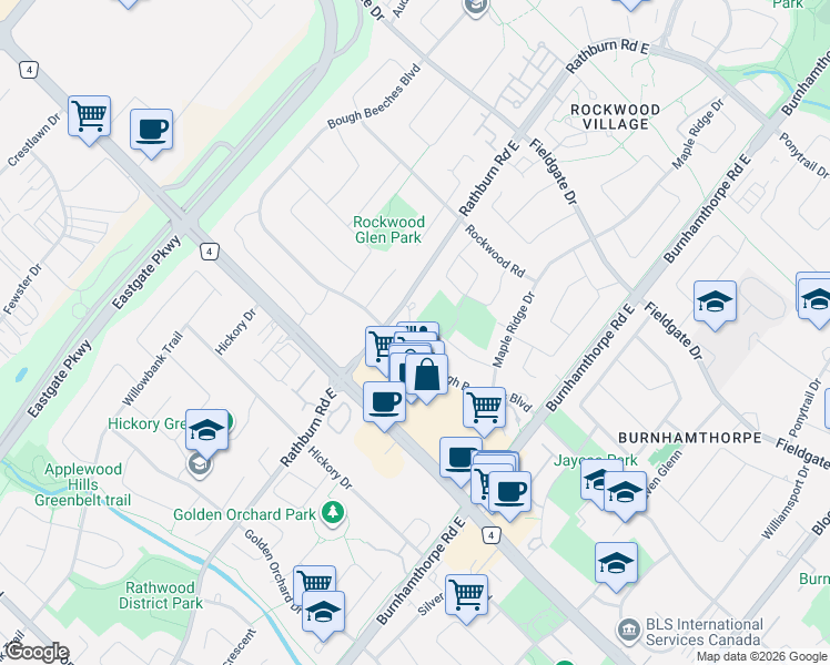 map of restaurants, bars, coffee shops, grocery stores, and more near 4159 Ottewell Crescent in Mississauga